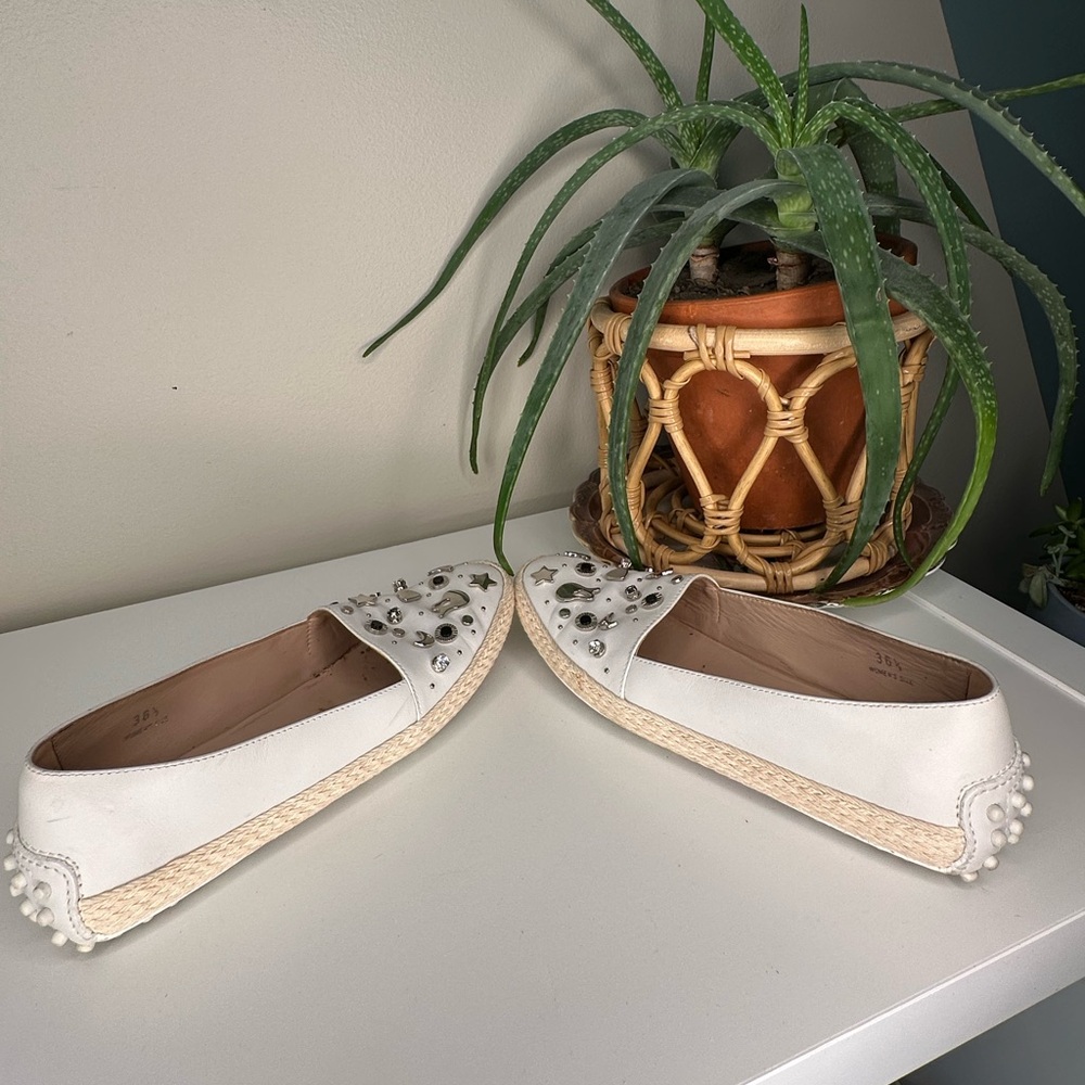 TOD’S White Leather Espadrille Loafers Star Moon Studded Driving Flats 36.5/6.5 - Picture 8 of 12